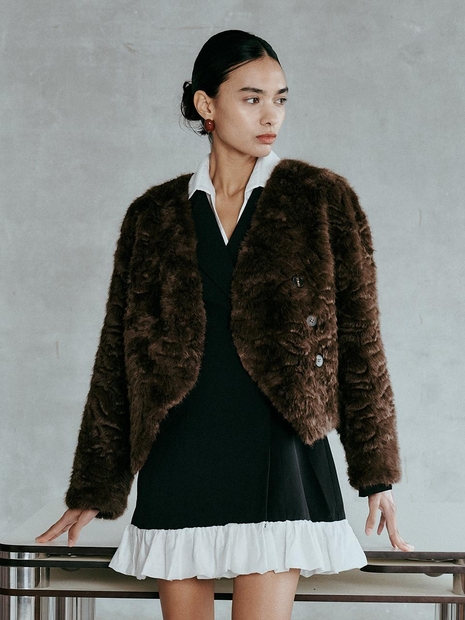 IT_Winter v-neck fur jacket_BROWN