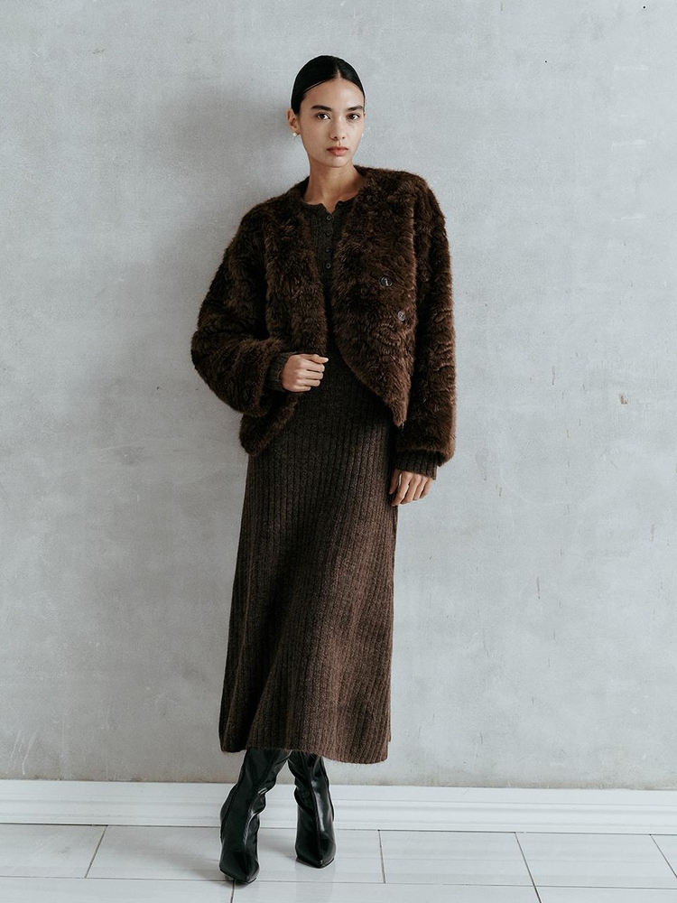 IT_Winter v-neck fur jacket_BROWN