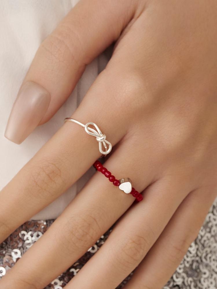 [SET] HU010 Ribbon & heart beads ring set