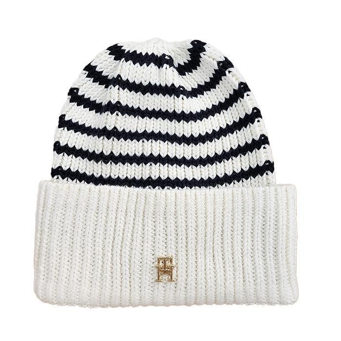 타미힐피거 여성 TH 로고 Rib Knit Stripe 비니 White