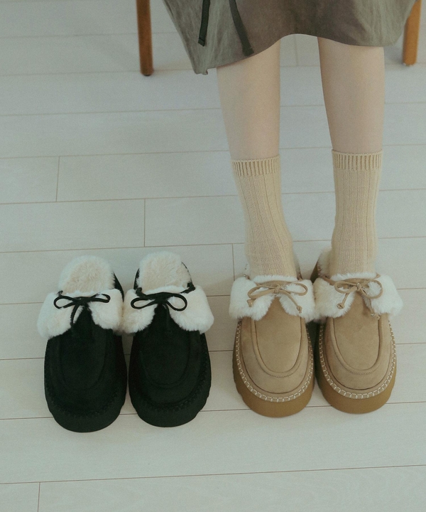 ljh7089 Platform ribbon fur slipper _ 2colors