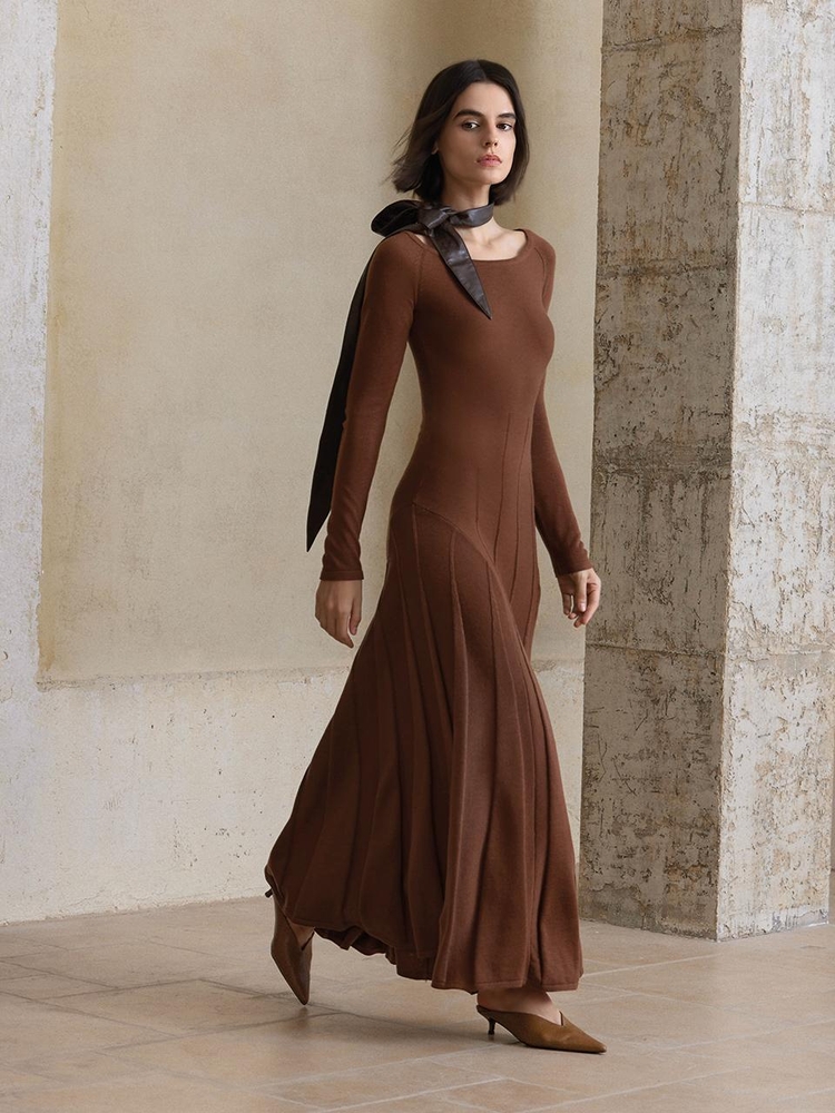 YY_Slim pleated long knit dress