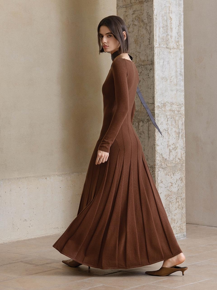 YY_Slim pleated long knit dress