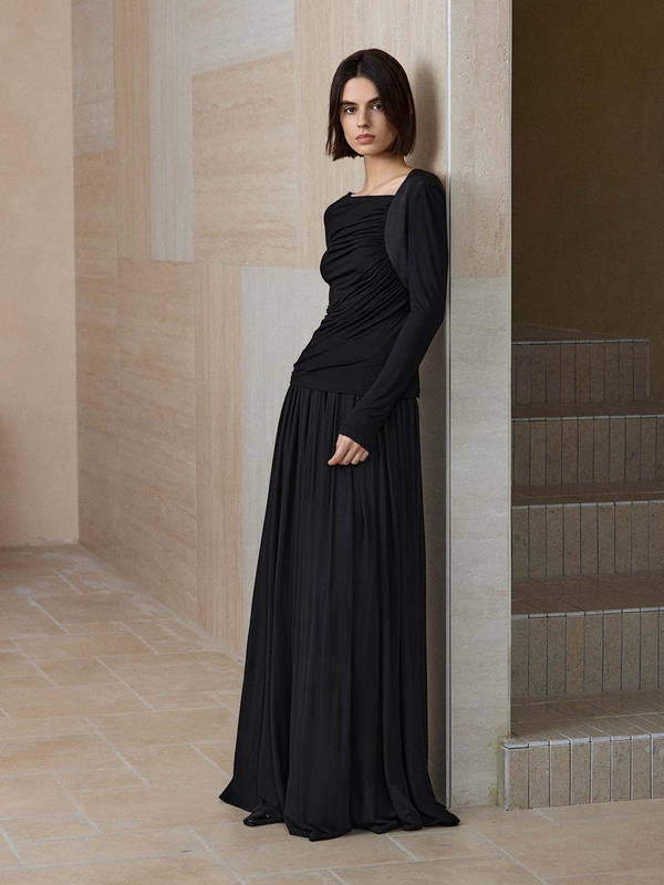 YY_Pleated maxi skirt_BLACK