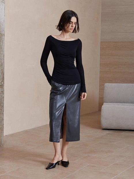 YY_Leather charcoal slit skirt