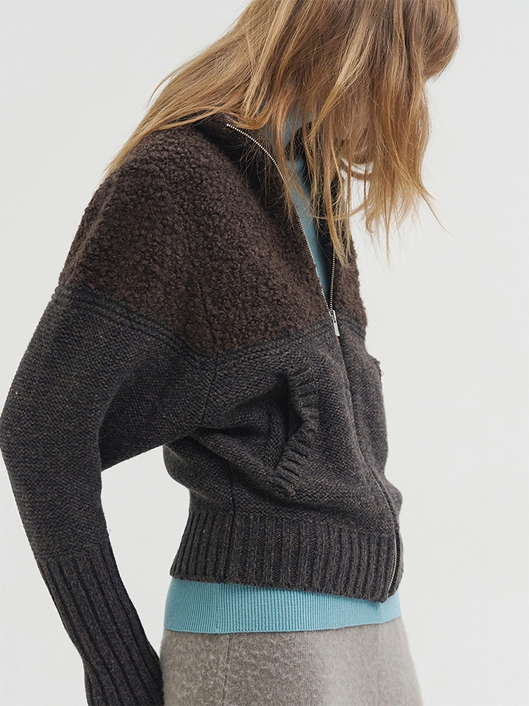 BOWIE BOUCLE KNIT ZIP UP BROWN