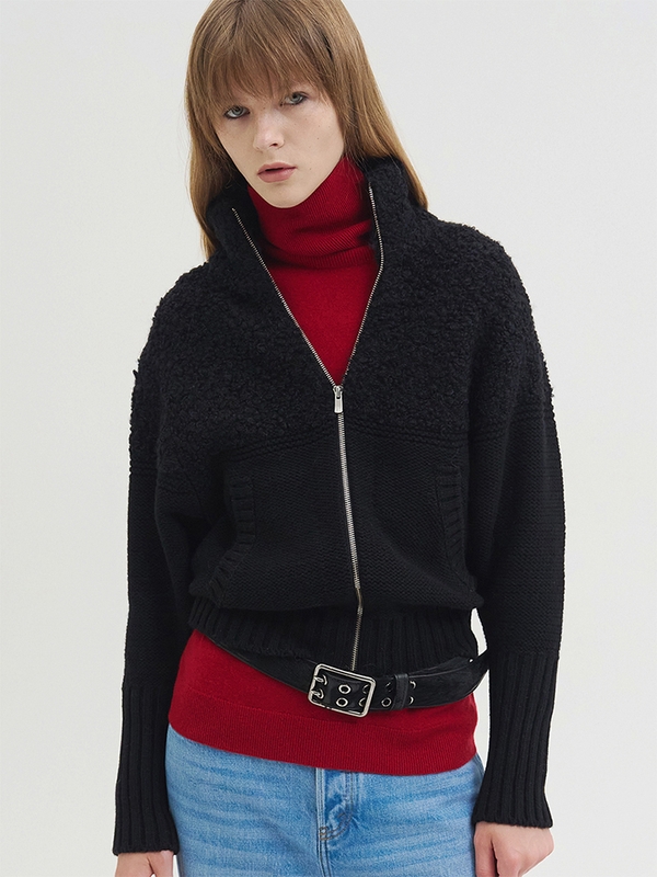 BOWIE BOUCLE KNIT ZIP UP BLACK