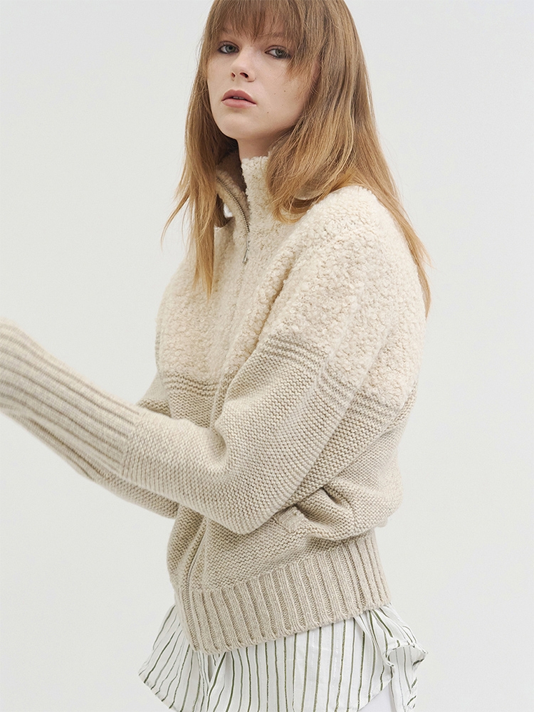 BOWIE BOUCLE KNIT ZIP UP CREAM