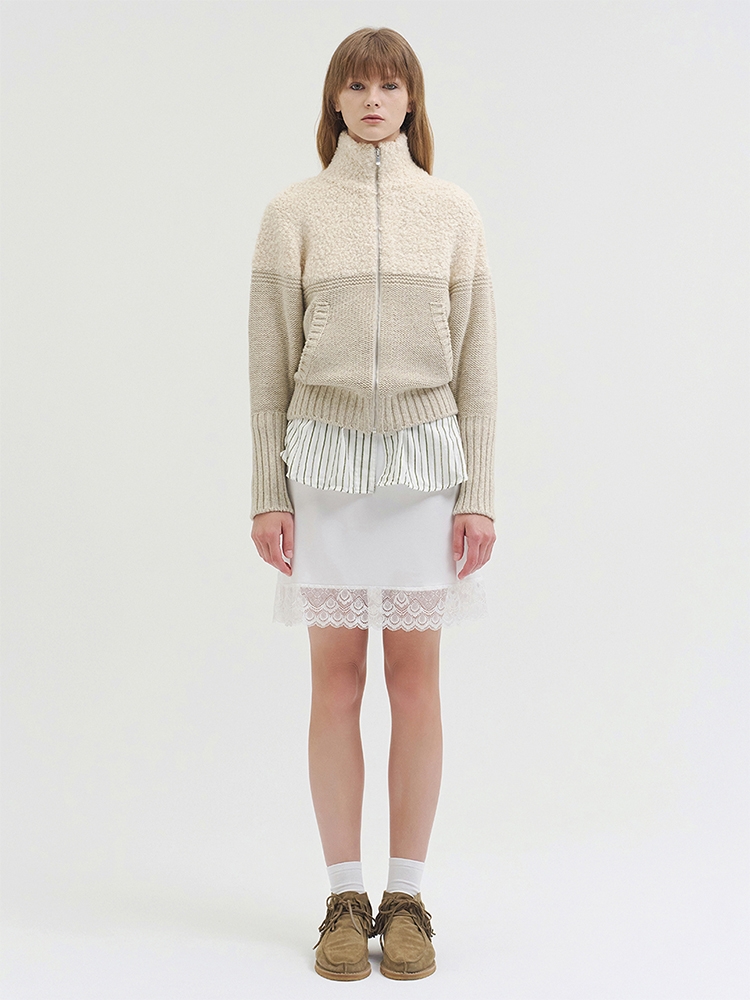 BOWIE BOUCLE KNIT ZIP UP CREAM