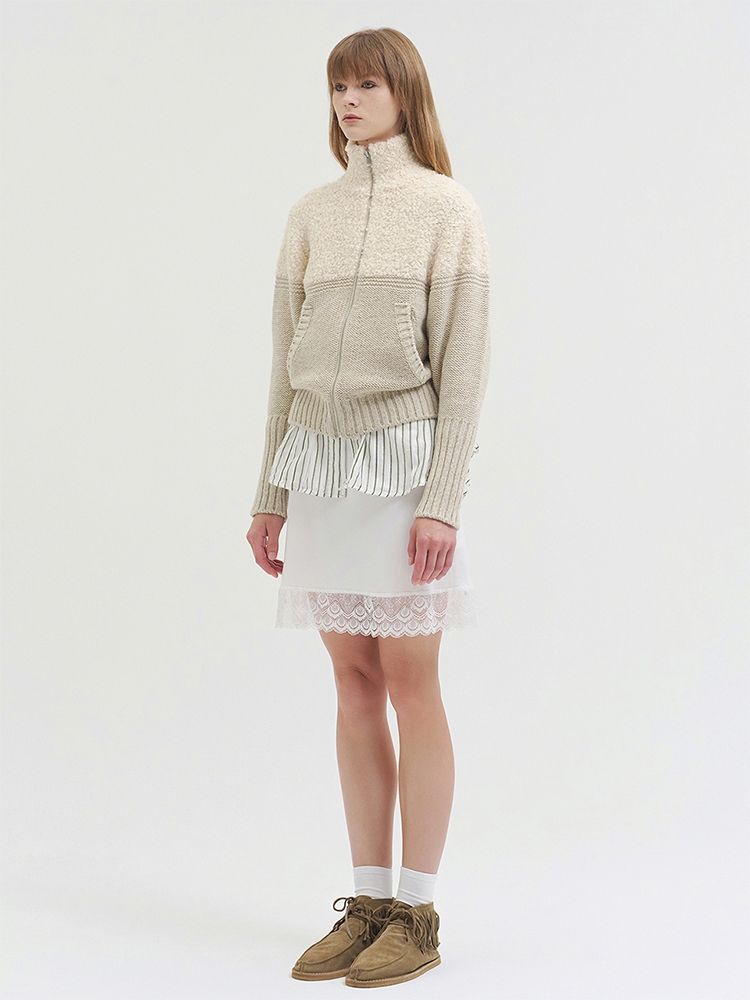 BOWIE BOUCLE KNIT ZIP UP CREAM