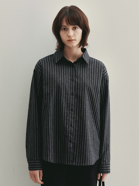 Signature Label Stripe Cotton Shirt (Charcoal)