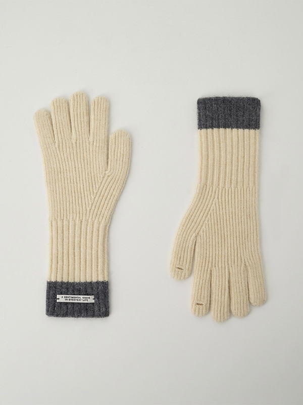 Two Tone Finger Hole Knit Glove (Cream)