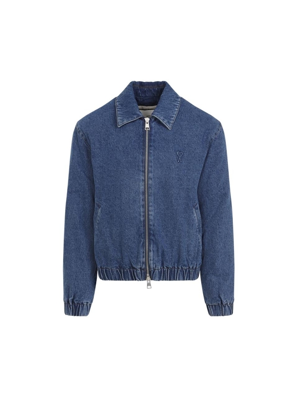 아미 FW24 Ami Zipped Denim Bomber Jacket HJK020.DE0031 Blue