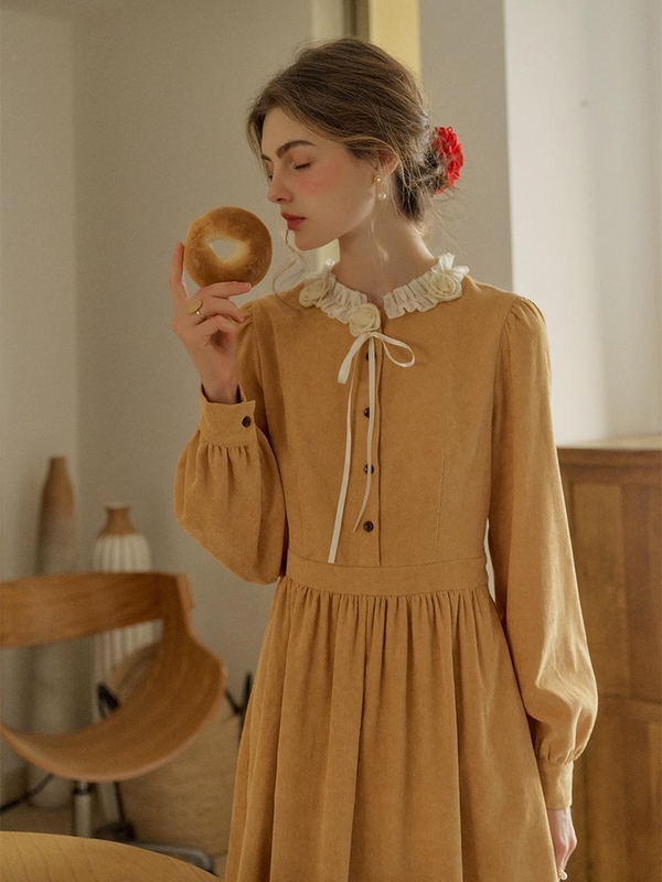 SR_Ruffle collar corduroy long dress