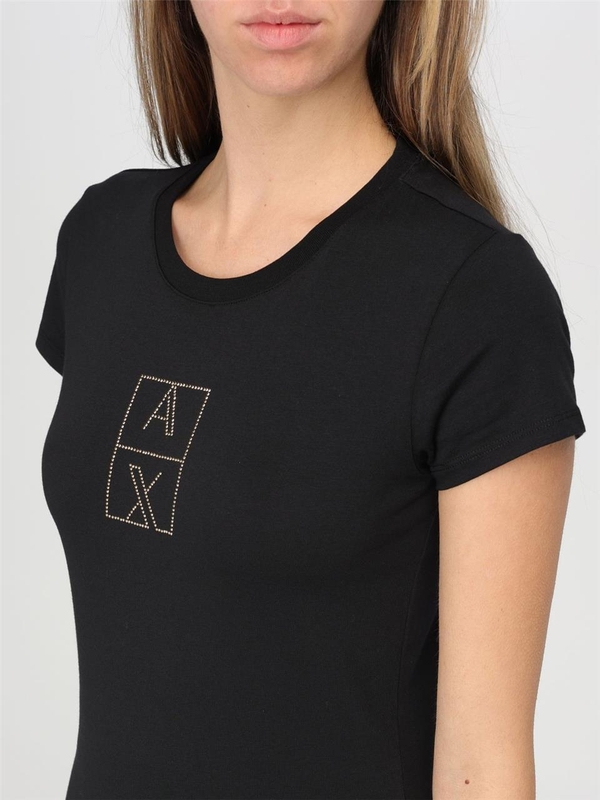 아르마니 익스체인지 FW24 Armani Exchange Cotton T-Shirt with Rhinestone Logo 6DYT35YJCTZ 1200 Black