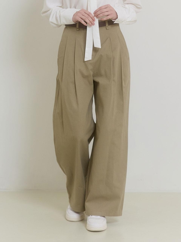 ESSENTIAL PIN-TUCK WIDE PANTS_KHAKI