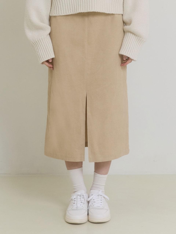 FRONT SLIT CORDUROY LONG SKIRT_BEIGE