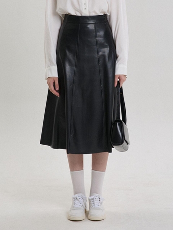 LEATHER FLARE LONG SKIRT_BLACK