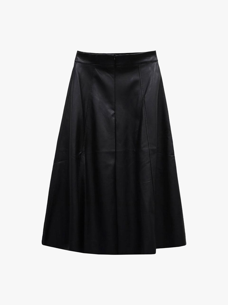 LEATHER FLARE LONG SKIRT_BLACK