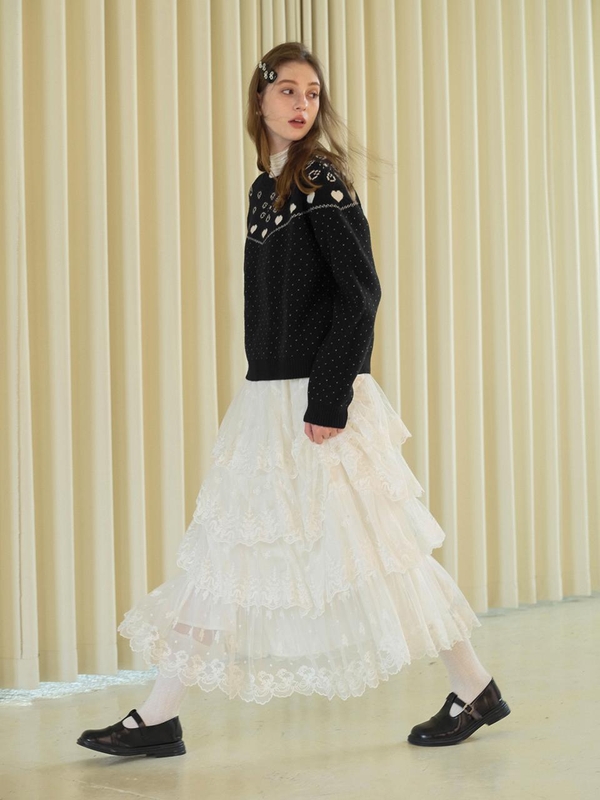 Ces_Embroidery lace layered skirt