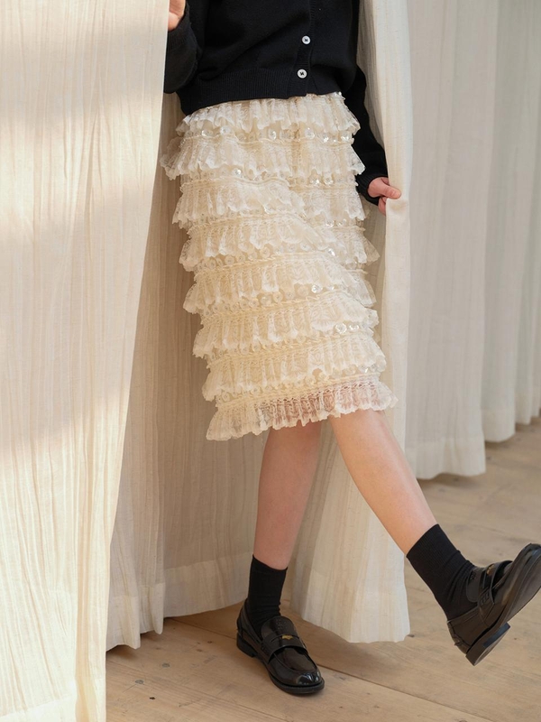 Cest_Flower sequin lace cake skirt