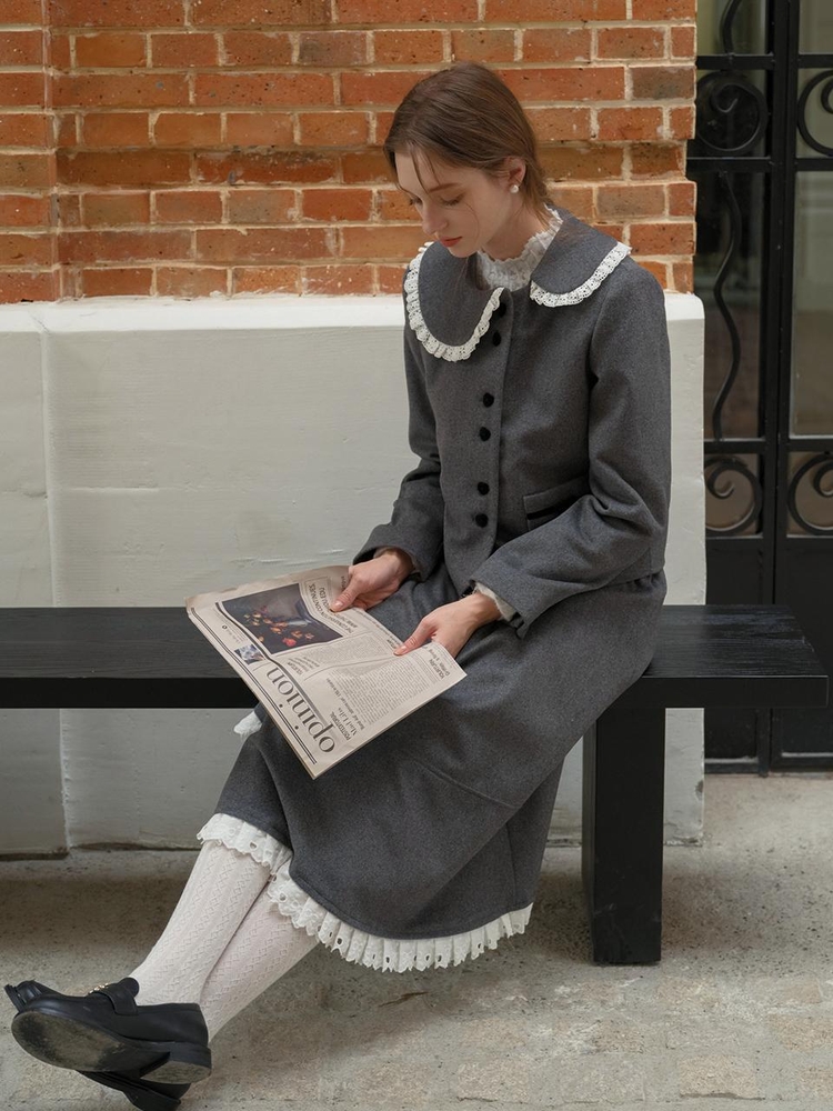 Cest_Gray lace layered wool skirt