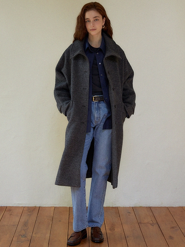 High neck wool long coat (charcoal)