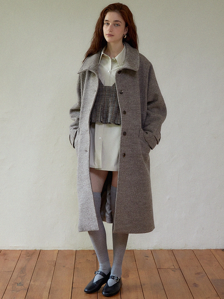 High neck wool long coat (beige)