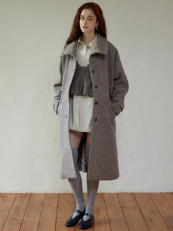 High neck wool long coat (beige)