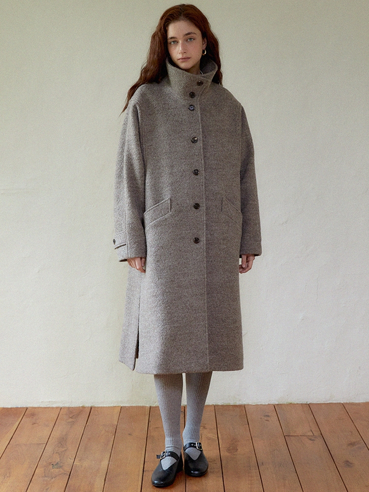 High neck wool long coat (beige)