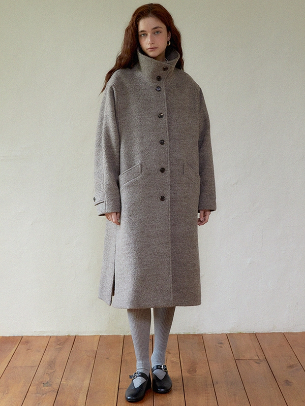 High neck wool long coat (beige)