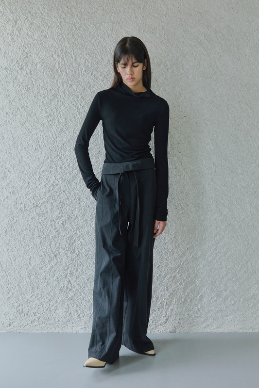 FOLDING WIDE PANTS WITH BELT / BLACK