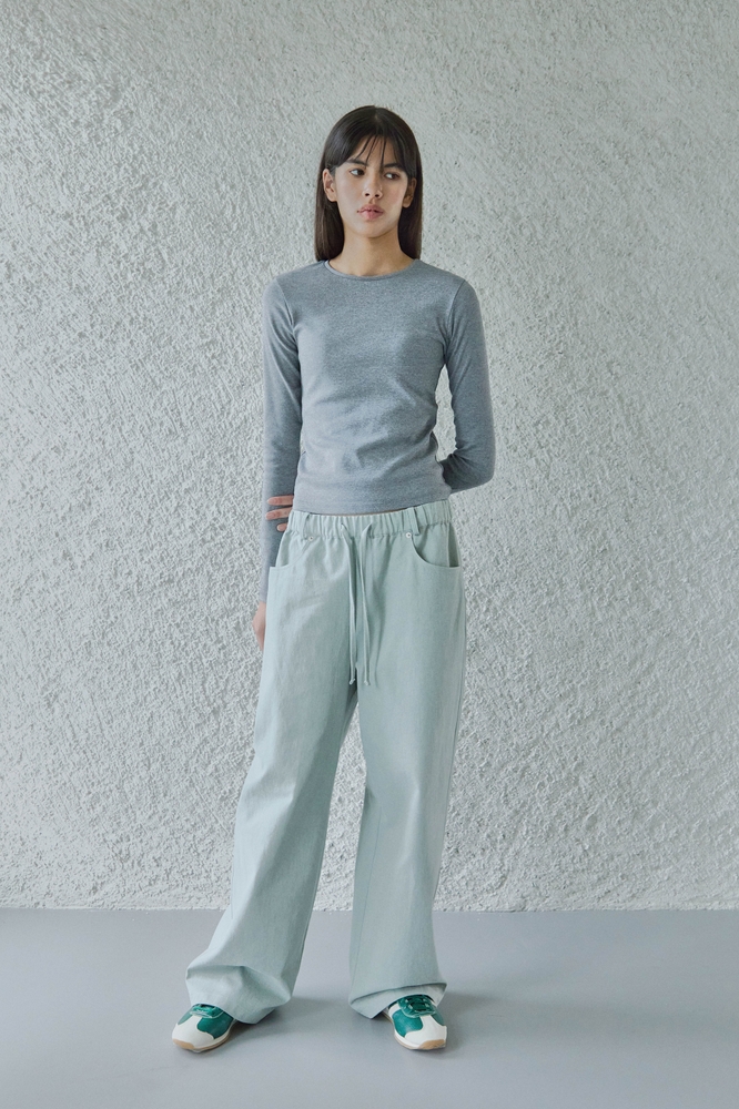 DENIM DETAILED BANDING PANTS / WASHED MINT GREY