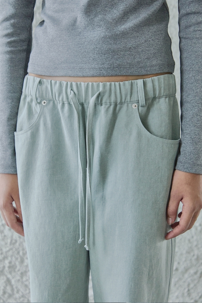 DENIM DETAILED BANDING PANTS / WASHED MINT GREY