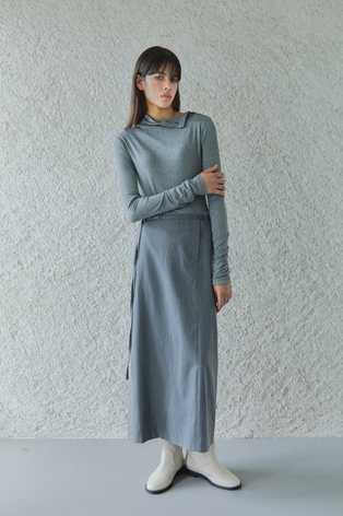 STRIPE LONG SKIRTS WITH BELT / LIGHT GREY