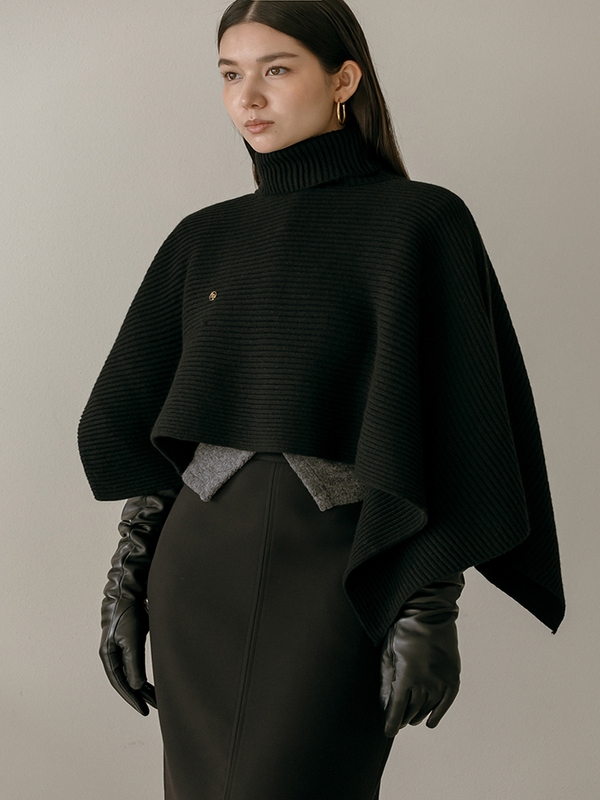 Temp Turtleneck Wool Cape Knitwear _ Black