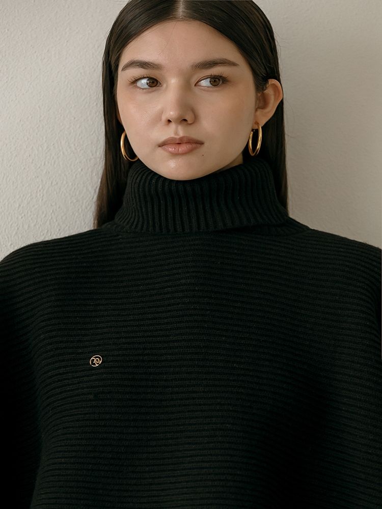 Temp Turtleneck Wool Cape Knitwear _ Black