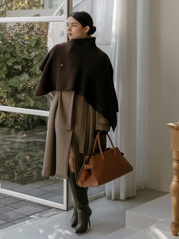 Temp Turtleneck Wool Cape Knitwear _ Brown