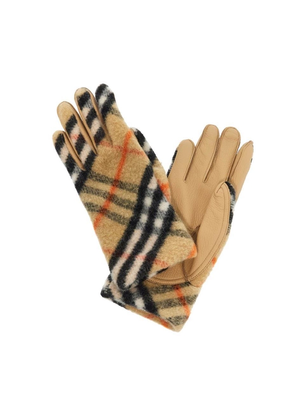 버버리 FW24 wool and leather check gloves 8097265 SAND IP CHECK