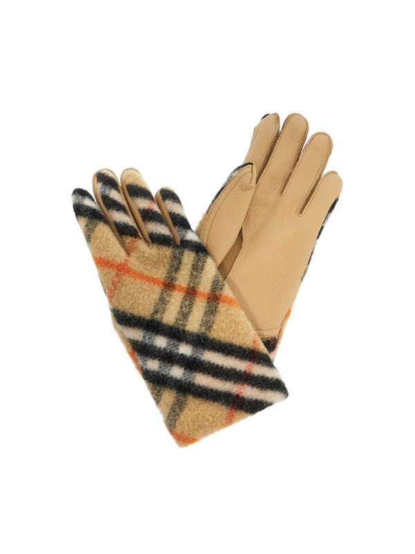 버버리 FW24 wool and leather check gloves 8097265 SAND IP CHECK