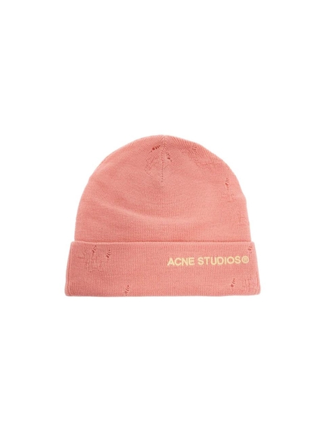 아크네 스튜디오 FW24 distressed wool beanie hat in C40359 PINK