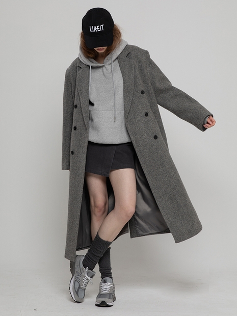 WOOL 100 DOUBLE  HERRINGBONE LONG COAT GREY