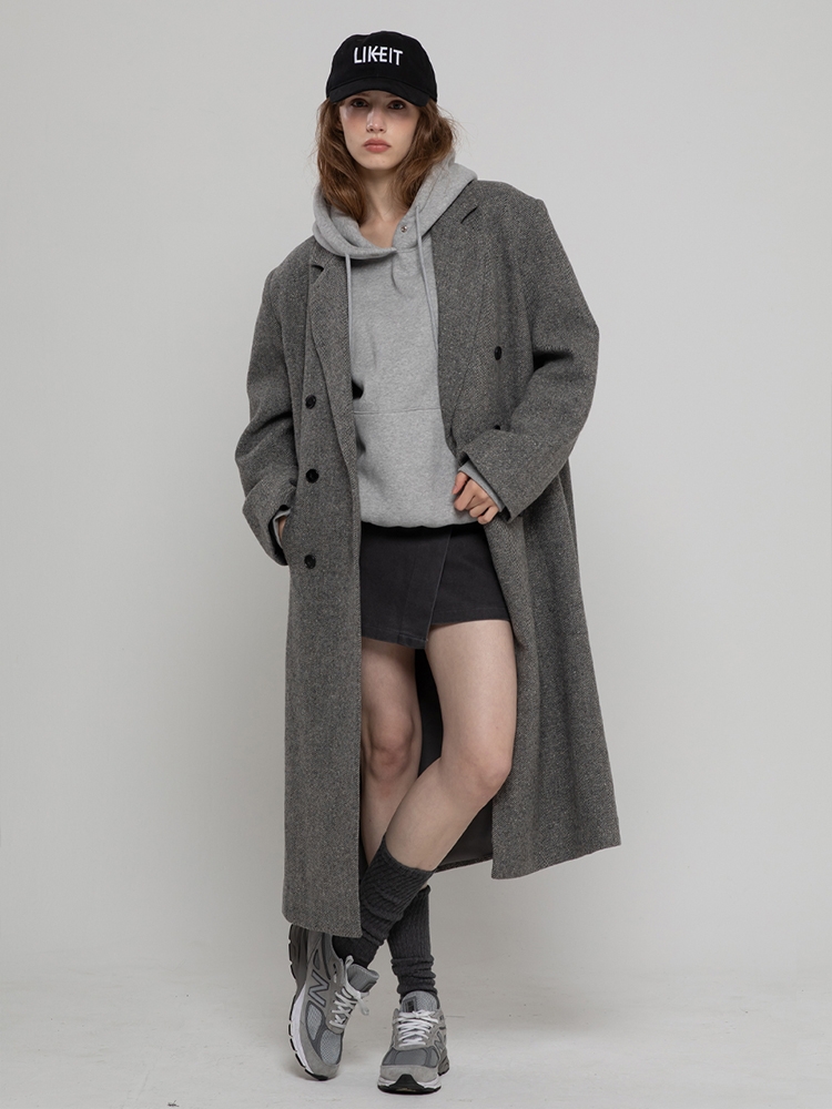 WOOL 100 DOUBLE  HERRINGBONE LONG COAT GREY