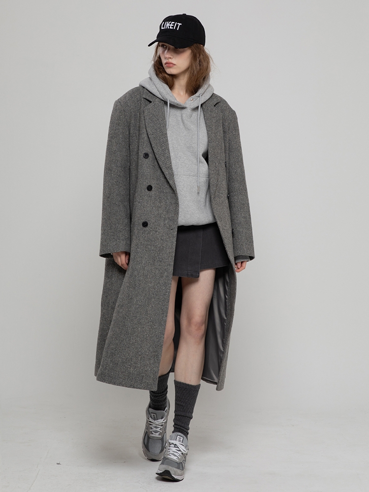 WOOL 100 DOUBLE  HERRINGBONE LONG COAT GREY