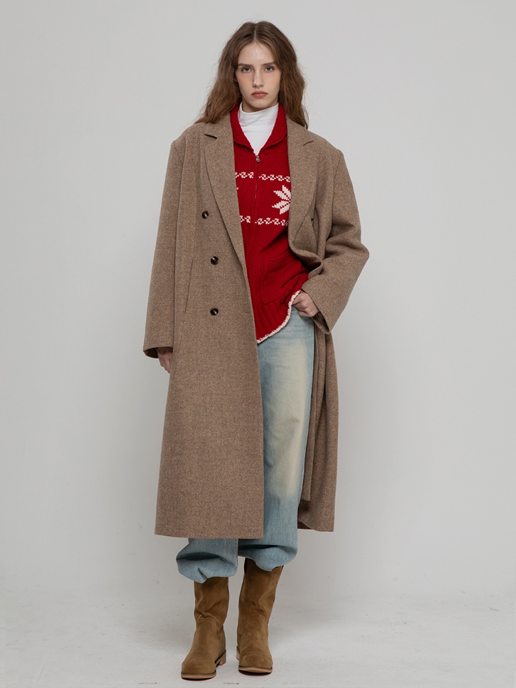 WOOL 100 DOUBLE  HERRINGBONE LONG COAT BRWON