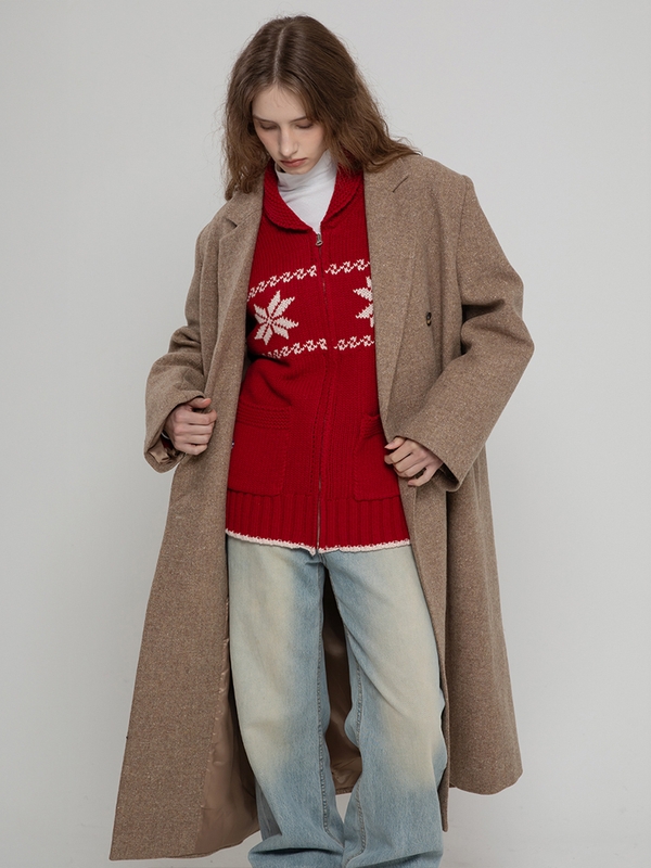 WOOL 100 DOUBLE  HERRINGBONE LONG COAT BRWON