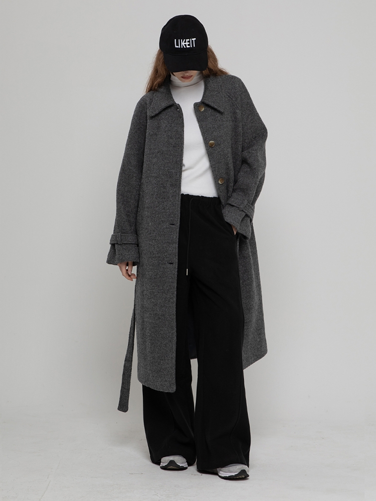 WOOL 100 LONG BALMACAN COAT CHARCOAL