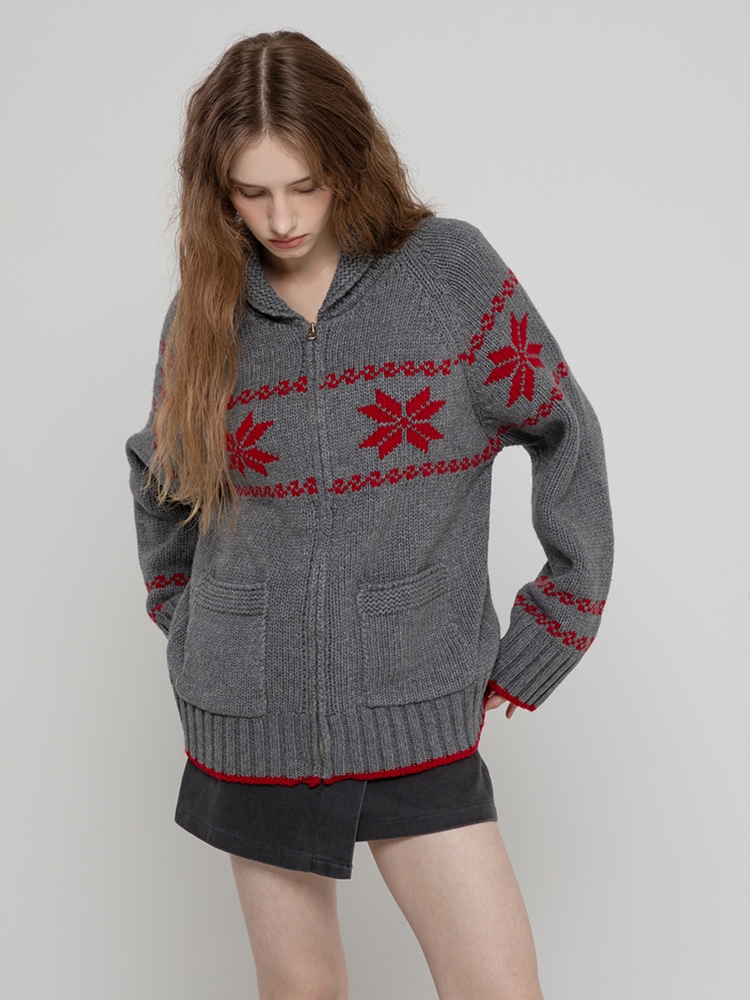 WOOL70 NORDIC MIDI ZIPUP KNIT CARDIGAN GREY