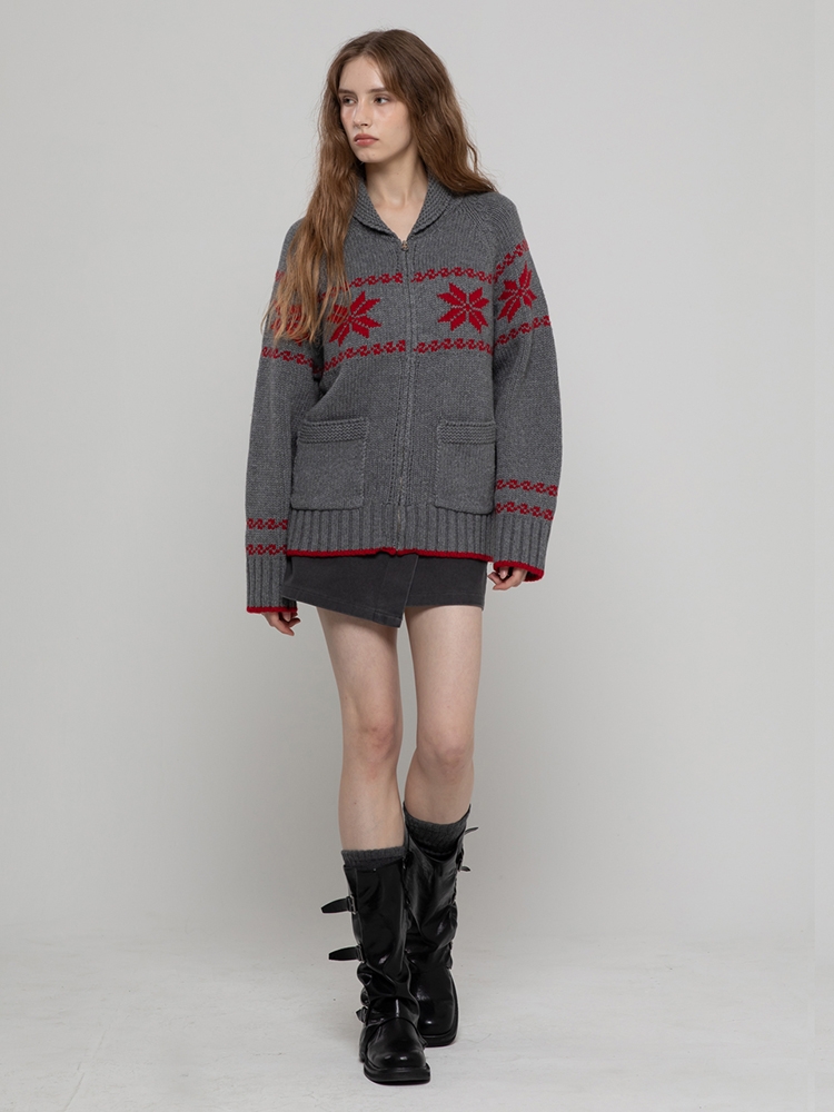 WOOL70 NORDIC MIDI ZIPUP KNIT CARDIGAN GREY