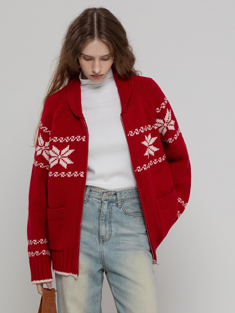 WOOL70 NORDIC MIDI ZIPUP KNIT CARDIGAN RED